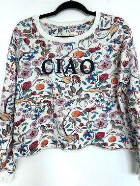 Anthropologie Maeve Ciao Floral and Animal Graphic Cropped Sweatshirt, M